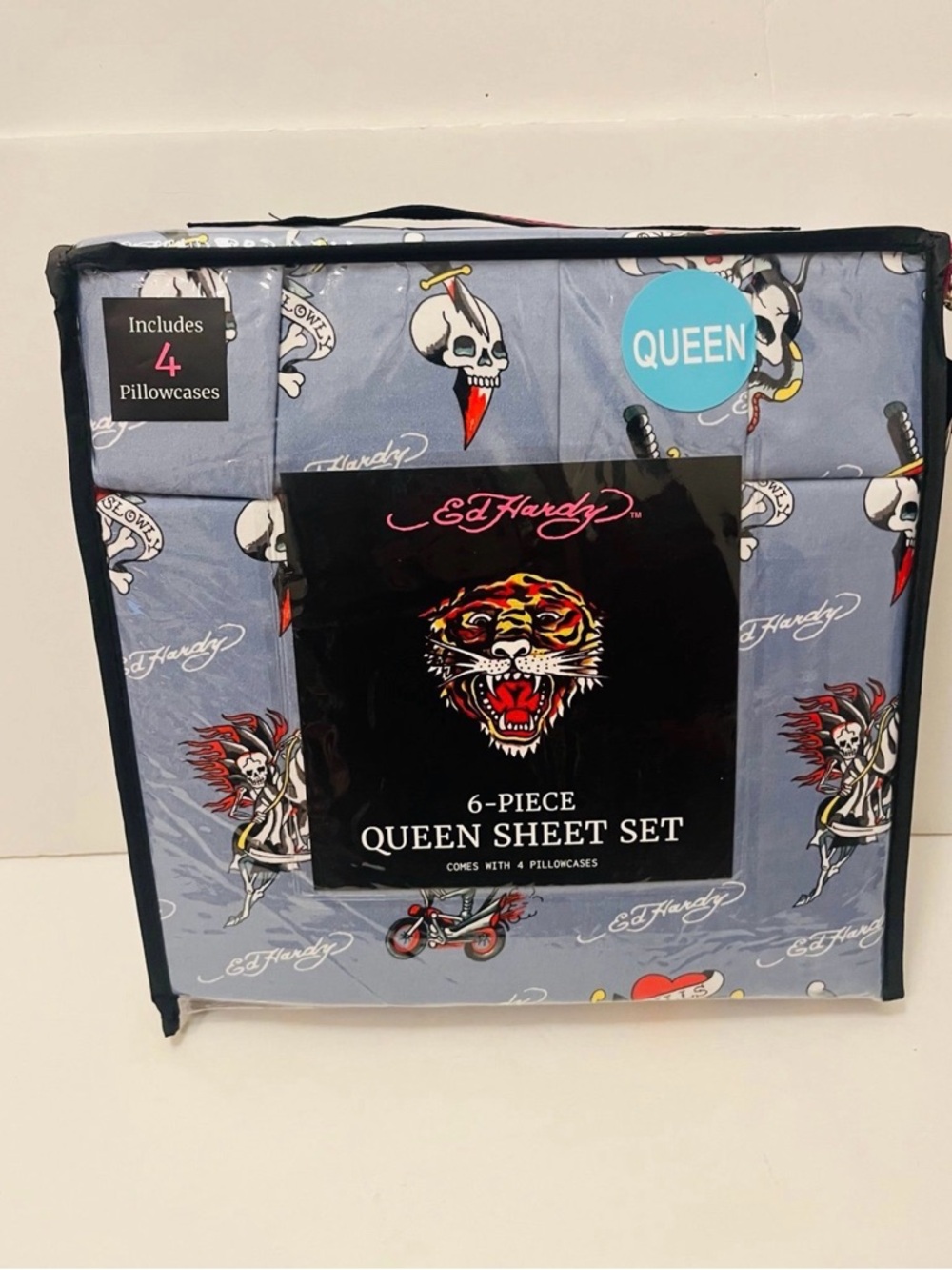 Ed Hardy Blue 6 Piece Queen Size Sheet Set Motorcycles Skulls Love Kills Slowly